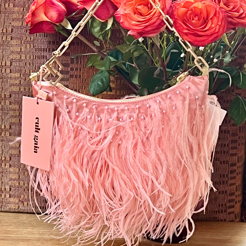 Hp Nwt Cult Gaia Gia Ostrich Feather & Pearl Shoulder Bag Azalea Rare